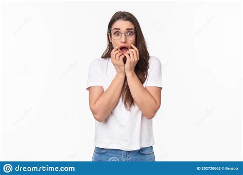 Waist Up Portrait Of Shocked Overwhelmed And Panicking Young Woman
