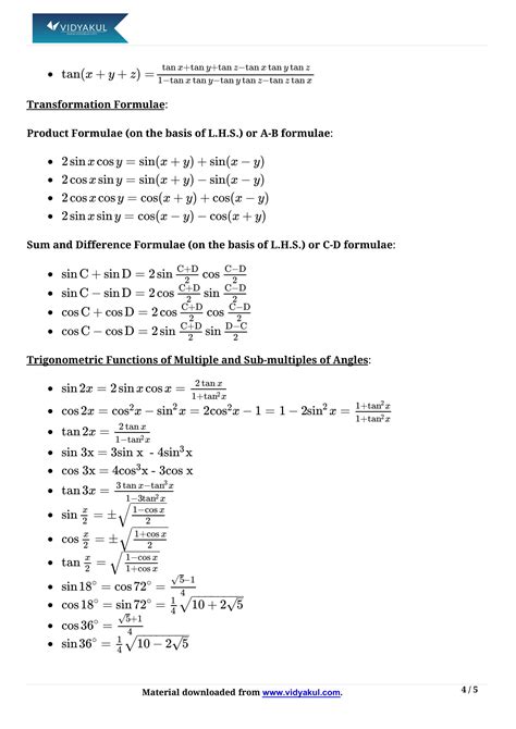 Class 11th Math Trigonometric Functions Formulas Cbse 2023