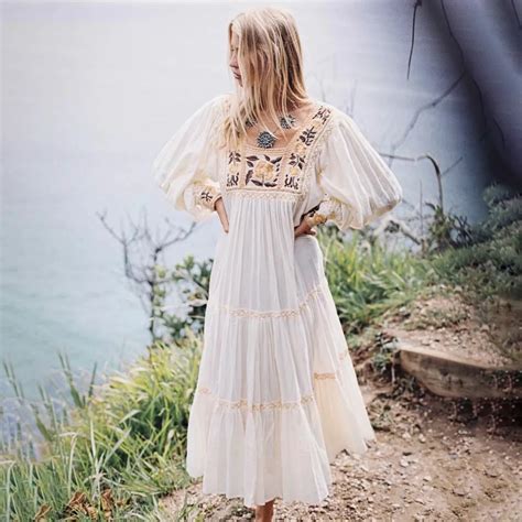 2019 Boho White Summer Midi Dress Bohemian Vintage Embroidery Square