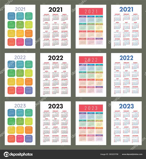 Calendar 2021 2022 2023 English Color Vector Set Vertical Wall Stock