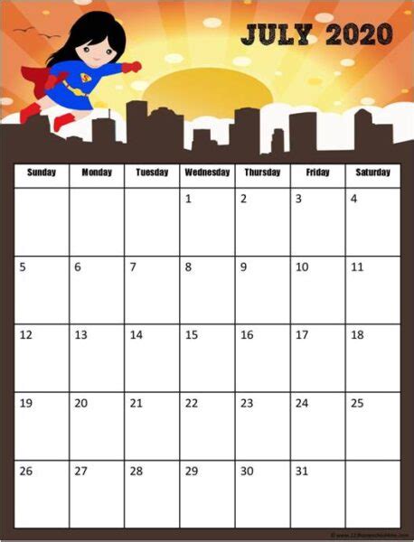 Free Girl Printable Superhero Calendar 2020 2021