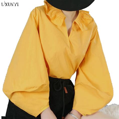 Lxunyi Spring Women Puff Sleeve Shirt Solid Casual Peter Pan Collar