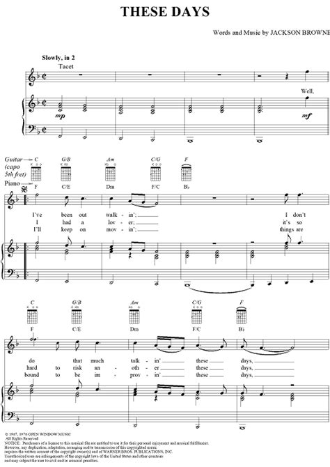 These Days Sheet Music By Jackson Browne For Pianovocalchords