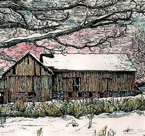 Watercolor And Penandink Winter Barn Art Print Landscape Old Etsy