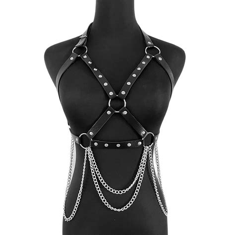 gothic leather chest harness women chain bdsm lingerie harness body bondage suspender bra cage