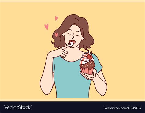 Woman Eats Delicious Cupcake Licking Sweet Cream Vector Image