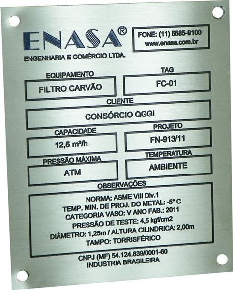 Etiqueta metálica para identificação de equipamentos PLACSTAR