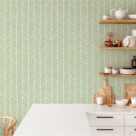 Self Adhesive Green Chevron Lines Herringbone Removable Wallpaper