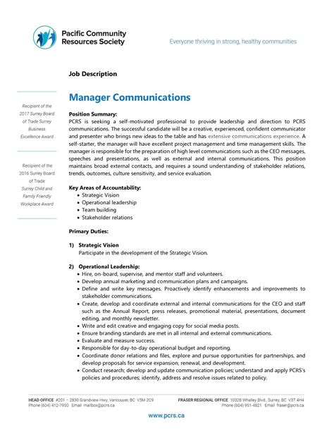 Other than having to work as a means of communication, people with the product manager job description have to increase the profitability of existing products, as well as to coordinate the development of brand new products. Job Description Communication Manager | Pacific Community ...
