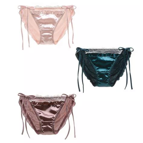 WOMEN UNDERWEAR SHINY Satin Low Rise Bikini Briefs Lace Up Panty