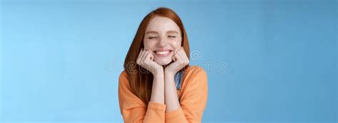 Silly Cute Happy Redhead Girlfriend Smiling Broadly Close Eyes Dreamy Squeez Cheeks Delighted