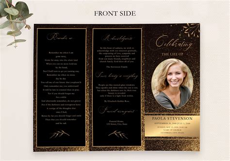 Black And Gold Funeral Program Editable Trifold Funeral Etsy
