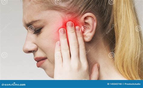 Young Woman Has Sore Ear Suffering From Otitis Stock Photo Image Of