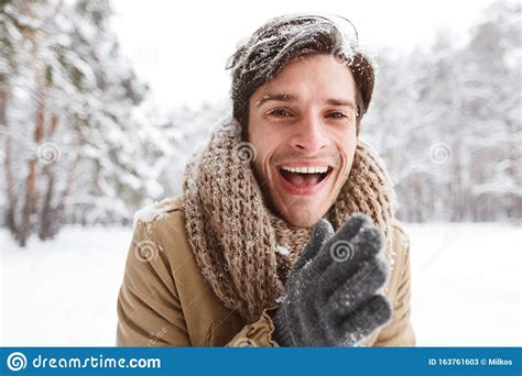 Guy Rubbing Hands To Warm Up Standing In Winter Forest Stock Image Image Of Laughing Morning