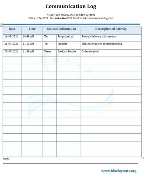 10 Free Communication Log Templates Blue Layouts