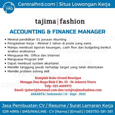 Lebih tepatnya kantor pos parepare. Gambar Loker Accounting Finance Manager Tajima Fashion ...