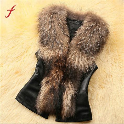 Women Faux Fur Vest Fashion Faux Pu Leather Winter Body Warm Sleeveless