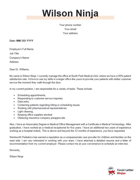 Simple medical cover letter sample. A Compelling Medical Receptionist Cover Letter Example ...