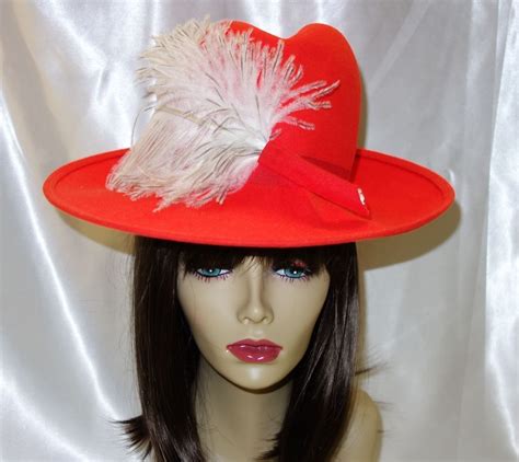 Dramatic Vintage Red Wool Hat With Ostrich Feather Accent Wool Hat