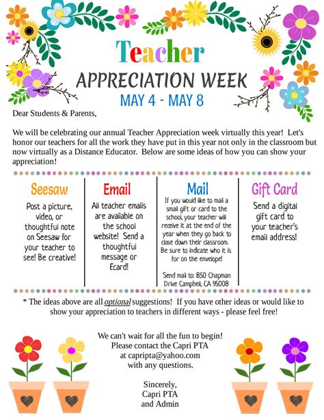 Teacher Appreciation Week May 4th 8th Capri Elementary School