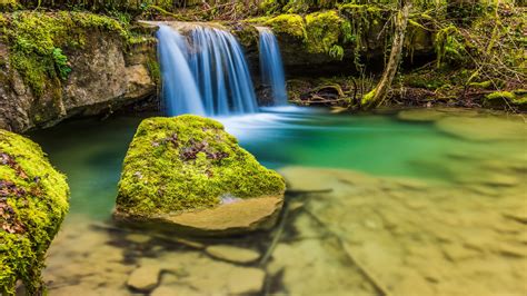 Nice Small Waterfall Clear Water Rocks With Moss Hd Wallpapers For