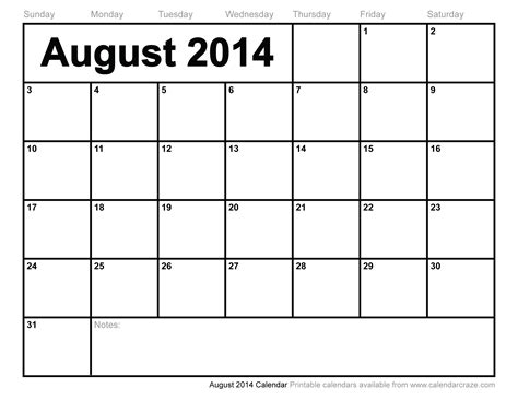 6 Best Images Of Aug 2014 Calendar Printable August 2014 Calendar