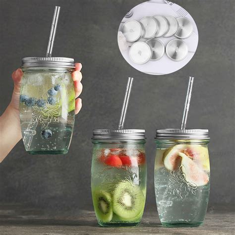 8pcs Drinking Glass Lids With Straw Hole Silicone Rings Mason Jar Lids Polished Rust Resistant
