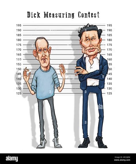 satirical caricature art elon musk r mark zuckerberg standing by measuring chart referencing
