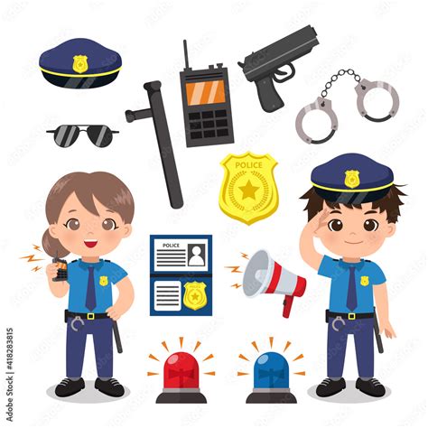 Cute Female And Male Police Officer With Equipment Set Flat Vector