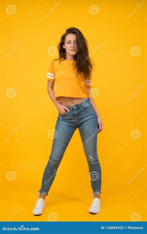 Girl Yellow Background Sexi Girl Sensual Girl In Casual Style Beauty And Make Up Stock Image