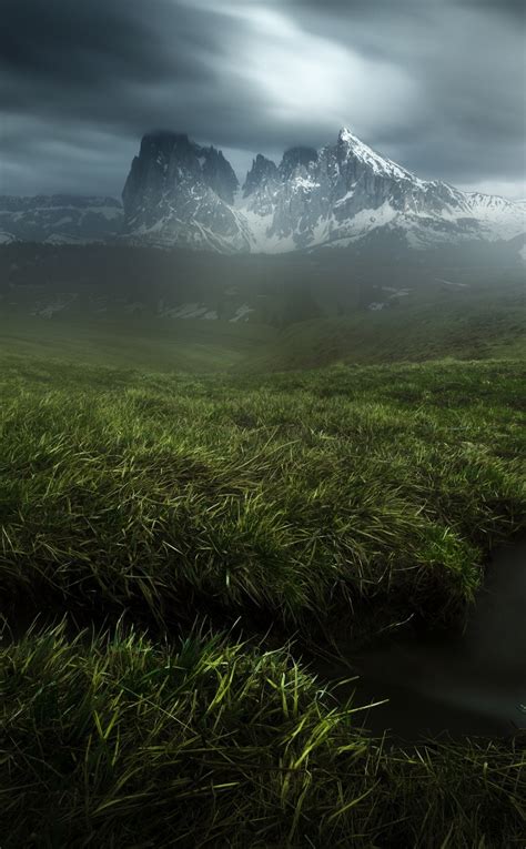 Download 950x1534 Wallpaper Grass Small Stream Landscape Mountains