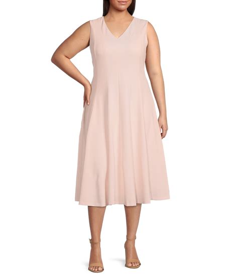 Calvin Klein Plus Size V Neck Sleeveless Scuba Crepe Fit And Flare Midi