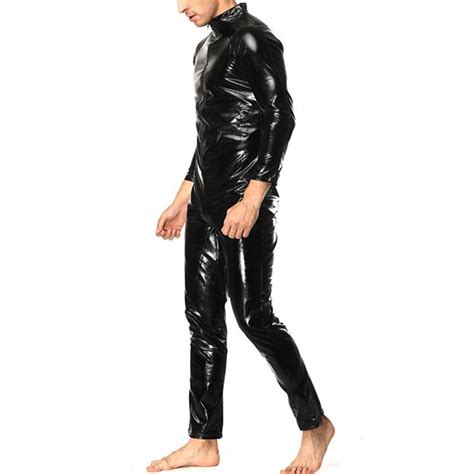 Men Faux Leather Latex Catsuit Sexy Slim Bodysuit Black Shiny Erotic