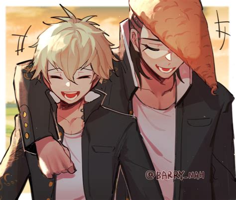 Safebooru 2boys Bangs Barry Nah Black Jacket Blonde Hair Blurry Blurry Background Border