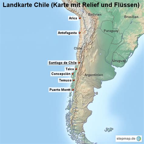 Klicken sie auf die karte, um die höhe anzuzeigen. Landkarte Chile (Karte mit Relief und Flüssen) von ...