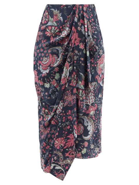Isabel Marant Navy Bree Floral Print Wrap Silk Blend Midi Skirt 매치스패션