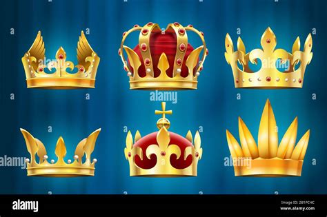 Realistic Royal Crown King Jewels Monarchs Crowns With Gems Stones Vector Set Stock Vector