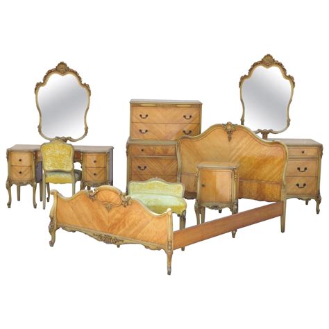 antique french louis xv carved satinwood 9 pc bedroom set dresser vanity mirror for sale at