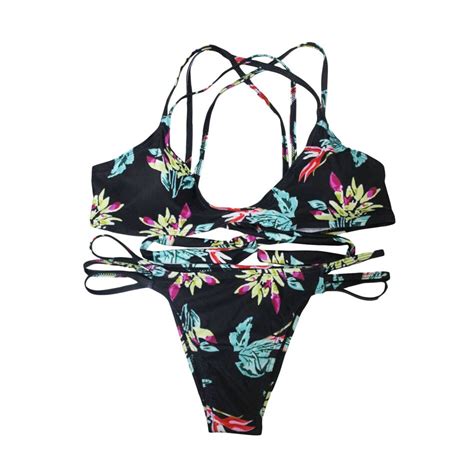 2016 Summer Beach Sexy Floral Print Black Brazilian Bikinis Woman