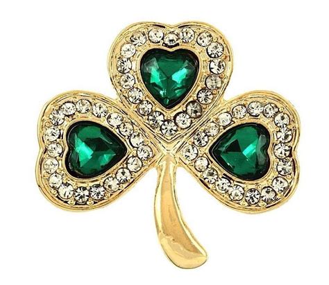 St Patricks Day Irish Shamrock Clover Green Rhinestone Gold Tone