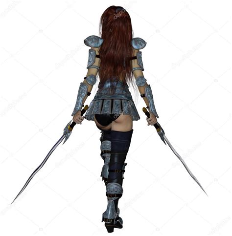 Pose Dual Sword Brunette Warrior Dual Wielding Swords In Intimidating