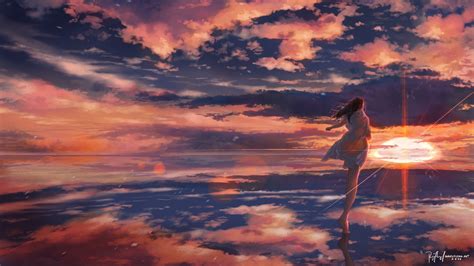 4k Water Original Characters Anime Sky Sunset Clouds Moescape