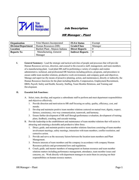 General Manager Job Description Manufacturing The Cover