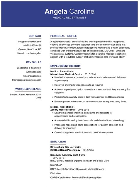 This medical resume adapts to all types of profiles: Medical Receptionist Resume Sample - ResumeKraft