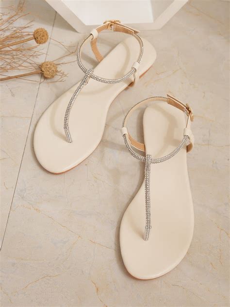 Beige Glamorous Collar Plain Thong Sandals Embellished Women Shoes Flat Sandals Sandals Heels