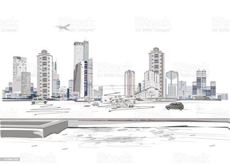 Series Of Modern City Views With Skyscrapers And Shopping Centers Stock