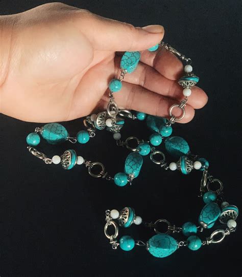 Long Turquoise And Opalite Beaded Necklace Handmade Jewelry Stone