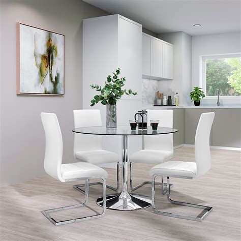 Orbit Round Chrome And Glass Dining Table With 4 Perth White Leather