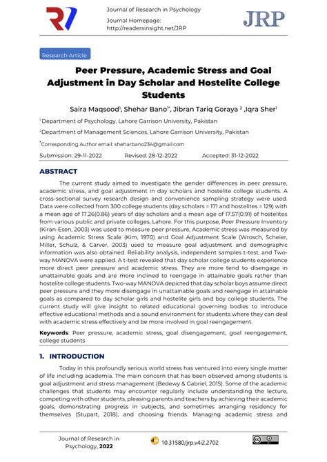 Pdf Peer Pressure Academic Stress And Goal Adjustment In Day