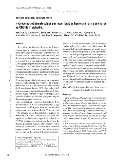 Pdf Hydrocolpos Et Hématocolpos Par Imperforation Hyménale Prise En